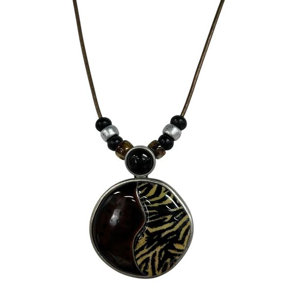Chico’s Brown Multi Animal Print Enameled Pendant Beaded Cord Necklace - Picture 2 of 5